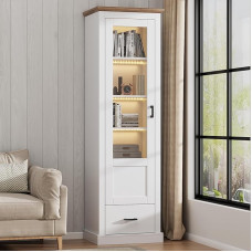 BTM moderni LED vitrina matinės baltos spalvos 178 cm su USB jungtimi, 16 spalvų nuotolinio valdymo pulteliu, stovinti vitrina su medine apdaila, akrilinė aukšta vitrina su stalčiumi, 5 skyriai