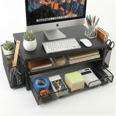 Monitor Stand with Drawer and Pen Holder for Desk, 2-Tier Metal Laptop Stand for Desk, Office Organizer for PC, Printer and Laptop. (Pink)