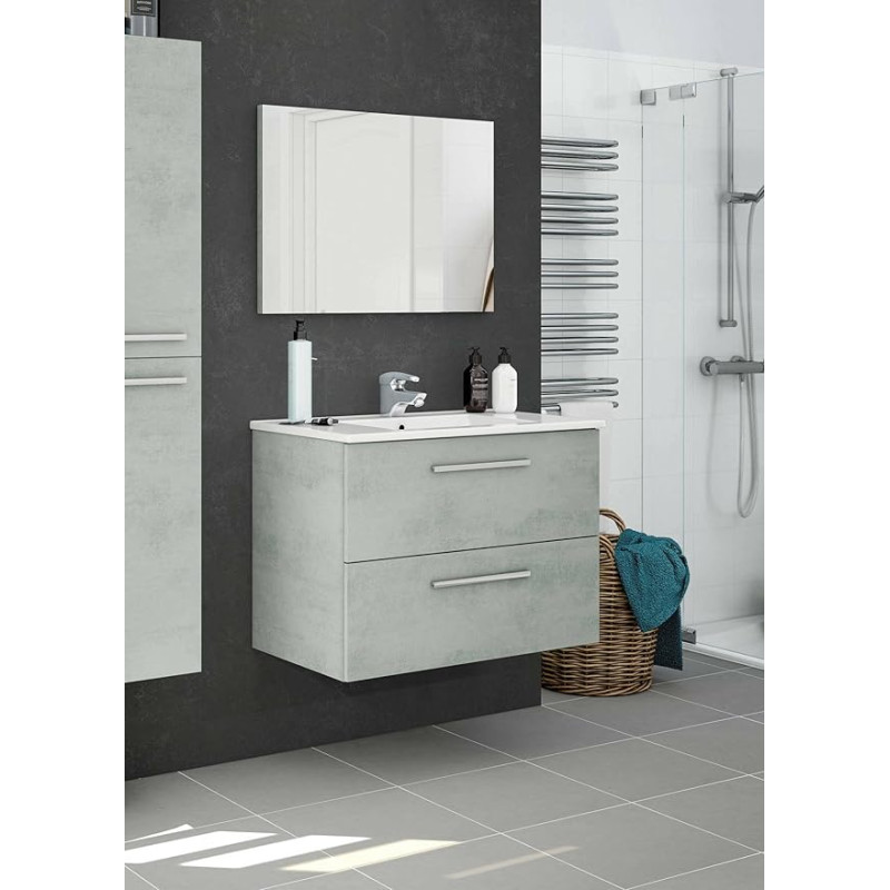 Dmora - Inglewood Vanity Unit spintelė Kabinama vonios kambario spintelė su 2 stalčiais ir veidrodžiu, 80 x 45 x 57 cm, cemento spalvos