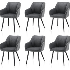 TUKAILAI Set of 6 Linen Dining Room Chairs, Kitchen Chairs, Upholstered Chairs, Armrests with Armrests, Backrests, Soft Seat Padding, Metal Legs, Modern Armchair for Kitchen, Dining Room, Living Room, Dark Grey