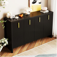 Rtopsu Sideboard Kitchen Cabinet 140 x 80 x 38 cm with 4 Doors and 2 Adjustable Storage Shelf, Buffet Cabinet Storage Cabinet with Golden Handles for Living Room Kitchen Dining Room Black