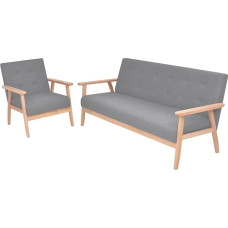 Bequemes 2-TLG. Sofa-Set in Stoff für Wohnzimmer, Retro Design mit Holzrahmen in Hellgrau und Schaumstoffpolsterung, inklusive Sessel und 3-Sitzer-Sofa