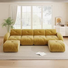 U formos modulinė sofa, rahmenloses Sofa, 4-Sitzer-Kombinationsofa-Set, inklusive 2 Hockern, geeignet für das Wohnzimmer, bequemer Stoff, rutschfestes Design, Gelb, Keine Montage erforderlich