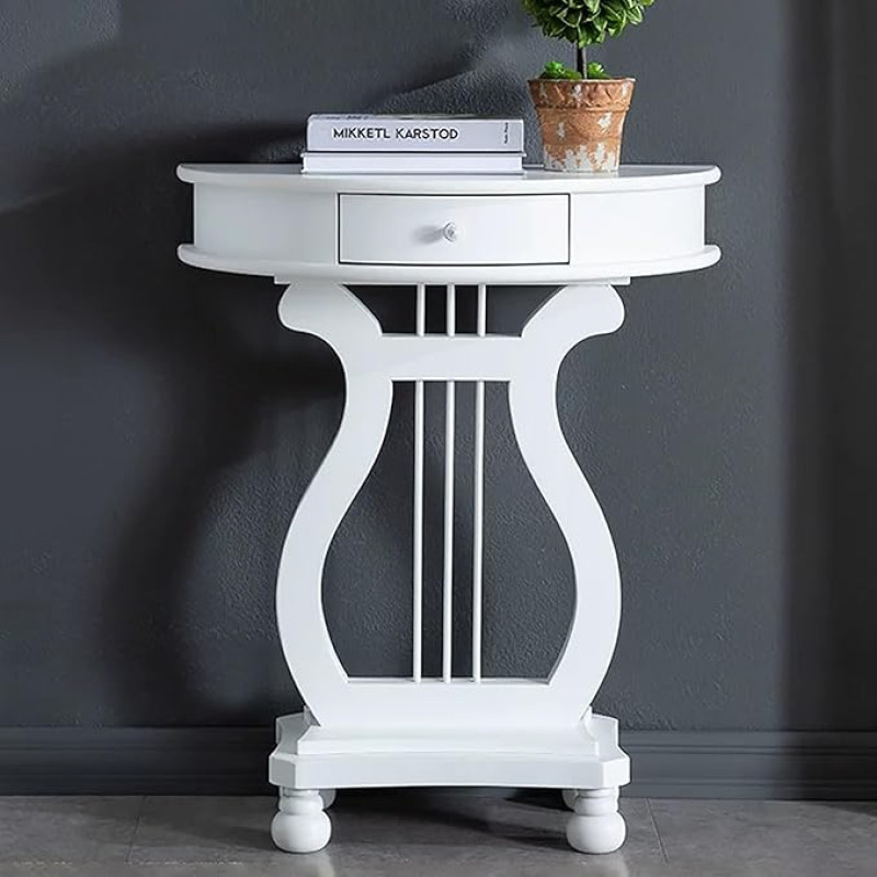 Halbmond-Konsolentisch, Schmaler Beistelltisch aus Massivholz, Gitarrenförmig, Console Table, Halbkreisförmiger Akzenttisch mit Schublade, für Eingangsbereich, Flur, Wohnzimmer(White)