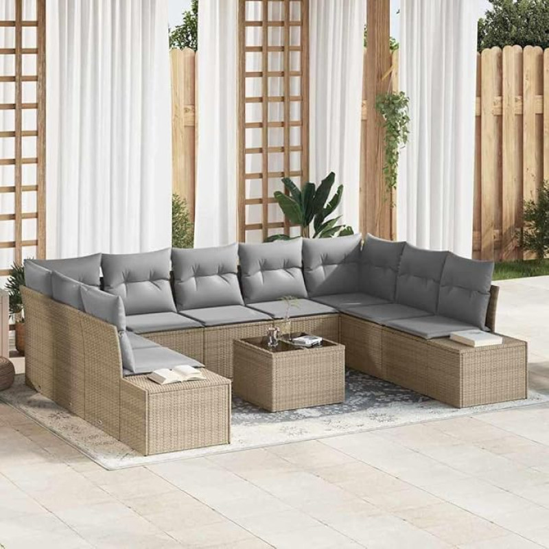 Modulares Outdoor-Sofagarnitur aus Polyrattan als 9-teiliges Gartensofa-Set in Beige und Hellgrau mit Kissen, Garten Lounge Set, Gartenmöbel-Set mit Kissen