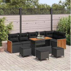 Modulares Gartensofa-Set Schwarz Poly-Rattan 12-teilig mit Kissen und Akazienholz-Tisch für Terrasse
