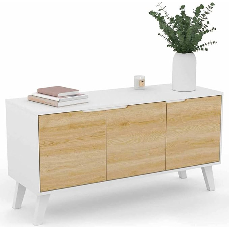 IDMarket - Skandinaviška buko medienos išvaizdos 113 cm Finn White 3 durų lentynėlė