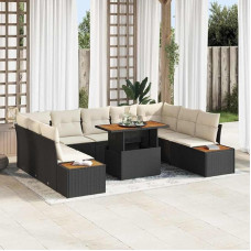 Poly Rattan Gartentischset 10 Stück Outdoor Sitzgruppe mit Kissen Gartenmöbel Set 10 pcs Schwarz Beige Essgruppe für Terrasse 10-teilig