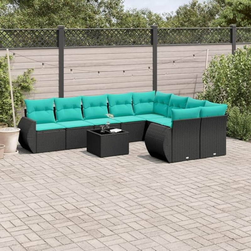 10-teiliges Gartensofa-Set mit Kissen aus schwarzem Polyrattan als Outdoor Sitzgruppe mit PE Rattan Gartenset