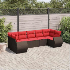 7-teiliges Gartensofa-Set mit Kissen aus schwarzem Polyrattan, modularer Gartenmöbel Set für Terrasse und Garten