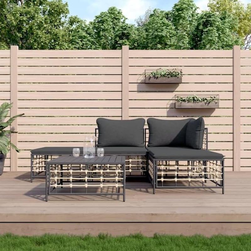 3-TLG. Garten-Lounge-Set mit Kissen Anthrazit Poly Rattan für Terrasse, Outdoor-Lounge-Set Poly Rattan als Gartenmöbel-Set Anthrazit