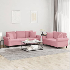 2-TLG. Sofagarnitur mit Kissen Rosa Samt und dick gepolsterten Sitzflächen