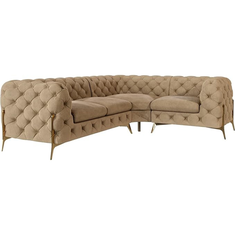 Milton kampinė sofa 4 vietų kampinė sofa Dešinė Česterfildo kampinė sofa Svetainės poilsio sofa su auksinėmis metalinėmis kojelėmis Laisvai pastatomi baldai Minkštasuoliai ir sofos Smėlio spalvos 262 x 200