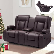 VEVOR Loveseat Recliner Sofa Reguliuojama išskleidžiama sofa su centrine konsole, PU odos išskleidžiama sofa su USB lizdais, gėrimų laikikliais ir laikymo kišenėmis, išskleidžiama kėdė svetainei / namams ant ratų