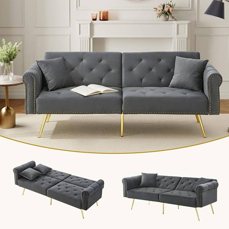 Sulankstoma sofa su miego funkcija, dvivietė sofa lova, pagaminta iš aksomo audinio, sofa lova su 3 pagalvėlėmis, 173 x 75 x 70 cm, daugiafunkcinė miegamoji kėdė svetainei, miegamajam, svečių kambariui