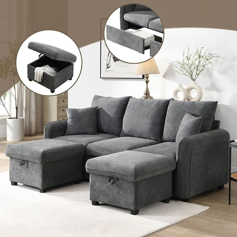 Multifunktionale Ecksofa U-Form-Dreisitzer Polster-Sofa mit Staufunktion - Inklusive Schubladen + Hocker mit Staufach, modular zerlegbares Sofa-Set mit Schlaffunktion, Chenille-Bezug Möbel, Hau