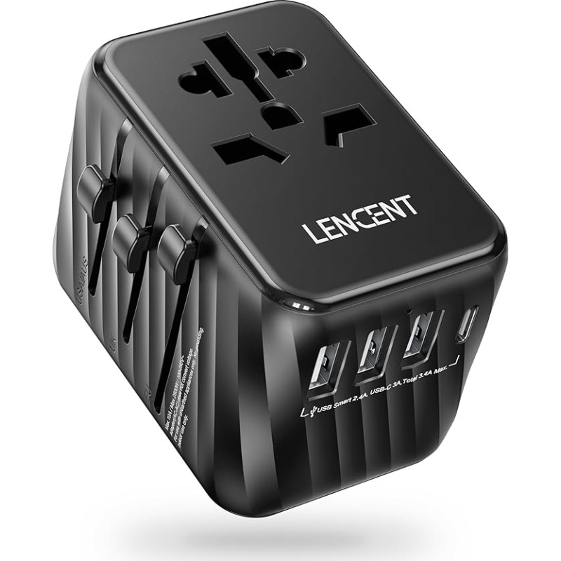 LENCENT Universalus kelioninis adapteris Worldwide Travel Plug World Travel Adapter su 3 USB A ir 1 USB C, tarptautinis kištukinis adapteris Japonijai, Tailandui, JAV, Anglijai, Australijai (A/B/G/G/I/C tipas)