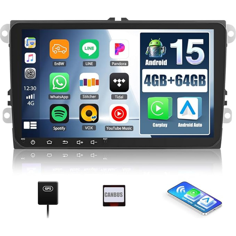 SIXWIN 4+64G Android 15 automobilinis radijas VW Golf 5 Golf 6 Skoda Polo Passat Tiguan Touran su Carplay/Android Car/Mirrorlink, 9 colių HD jutiklinis ekranas su WiFi GPS Bluetooth 5.0 FM/RDS radiju 32EQ