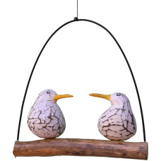 ART-CRAFT Two Wooden Swinging Seagulls on Driftwood Piece in Romantic Country House Style with White Wash Look in Shabby Chic Style