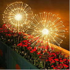 Saulės šviesos lauko sodui, 2 vnt., 120 LED šiltai baltos spalvos sodo dekoracijos, saulės šviesos, skirtos naudoti lauke, 8 režimai, vandeniui atsparios saulės šviesos, kiaulpienės, saulės kištukiniai sodo žibintai, skirti takui, vejai, balkono apdailai