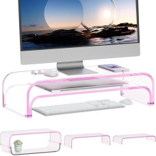 Acrylic Monitor Stand, Set of 2, 2 Levels Screen Riser Modular PC Monitor Riser, Desk Attachment for Laptop Riser, Laptop Stand, Transparent for iMac, PC, Printer (Pink)