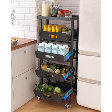Metal Rolling Cart with Pull-Out Baskets & Wheels, 5 Tier Retro Multifunctional Mobile Kitchen Trolley for Bathroom, Living Room & Laundry Room, Black