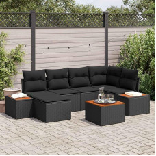 Gartensofa-Set 7-teilig in Schwarz Creme aus Polyrattan, Garten-Sofa-Gruppe 7 Stücke als Gartenmöbel-Set für draußen