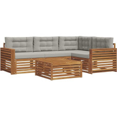 Gartenmöbel Set 5-teilig, Outdoor Sofa aus massivem Akazienholz, Ecksofa Lounge Set für Terrasse und Garten, inkl. Sitz- und Rückenkissen, Natürlich & Hellgrau