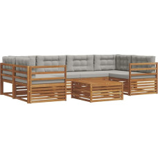Gartenmöbel Set 7-teilig, Outdoor Sofa Lounge aus massivem Akazienholz, Modulare Sitzgruppe mit Sitzkissen für Terrasse und Garten, Natürlich und Hellgrau