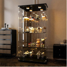 KeepGoon Glass Cabinet with Four Layers, Glass Cabinet with 4 Shelves and 2 Doors, with LED Lighting, Suitable for Living Room, Bedroom, Office