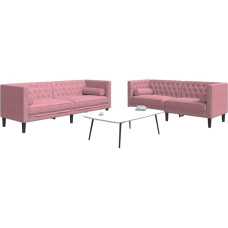3-TLG. Chesterfield Sofa Set rosa Samt mit Nackenrollen, Chesterfield Sofagarnitur rosa Samt, Sofa Set mit Nackenrollen