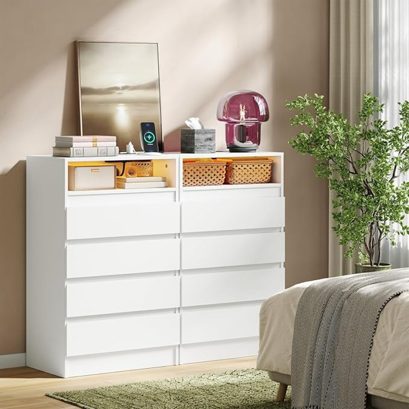 Garvee Moderne Kommode mit 8 Schubladen - Integrierte USB-Ladestation, LED-Beleuchtung & Steckdose - Vielseitiger Aufbewahrungsschrank für Schlafzimmer, Wohnzimmer, Flur - Weiß - 2 Stück