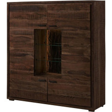 MASSIVMOEBEL24.DE BARK by WOLFMÖBEL #207 Medžio masyvo aukštoji lenta su LED apšvietimu Akacijų tamsiai ruda lakuota 145 x 40 x 153 cm 11 skyrių 4 durys Tikra medžio žievė