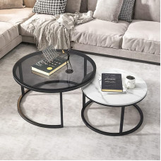 Set mit 2 stapelbaren Couchtischen, groß, rund, gehärtetes Glas und Schieferplatte, kleiner runder Sofatisch, stabiler Metallrahmen, moderner Akzent für Wohnzimmer-Dekor
