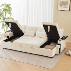 Kampinė sofa su komoda ir puodelių lentyna, ištraukiama sofa su daiktadėžėmis ir daiktadėžėmis, daiktadėžė paslėptame porankyje, šenilas ir velvetas, smėlio spalvos, 272 x 131 x 84 cm