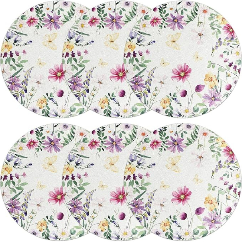BESPORTBLE Pack of 6 Round Linen Placemats with Floral Pattern, Washable Table Mats for Dining Tables, Soft Place Mats Made of Safe Material for Kitchen and Family