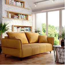 FURNISTAR Isabell sofa su lovos dėže, sofa lova, minkšta sofa su miego funkcija, sulankstoma sofa sofa su juodomis kojelėmis, sofos komplektas, svetainė, svečių kambarys (sofa, geltona)