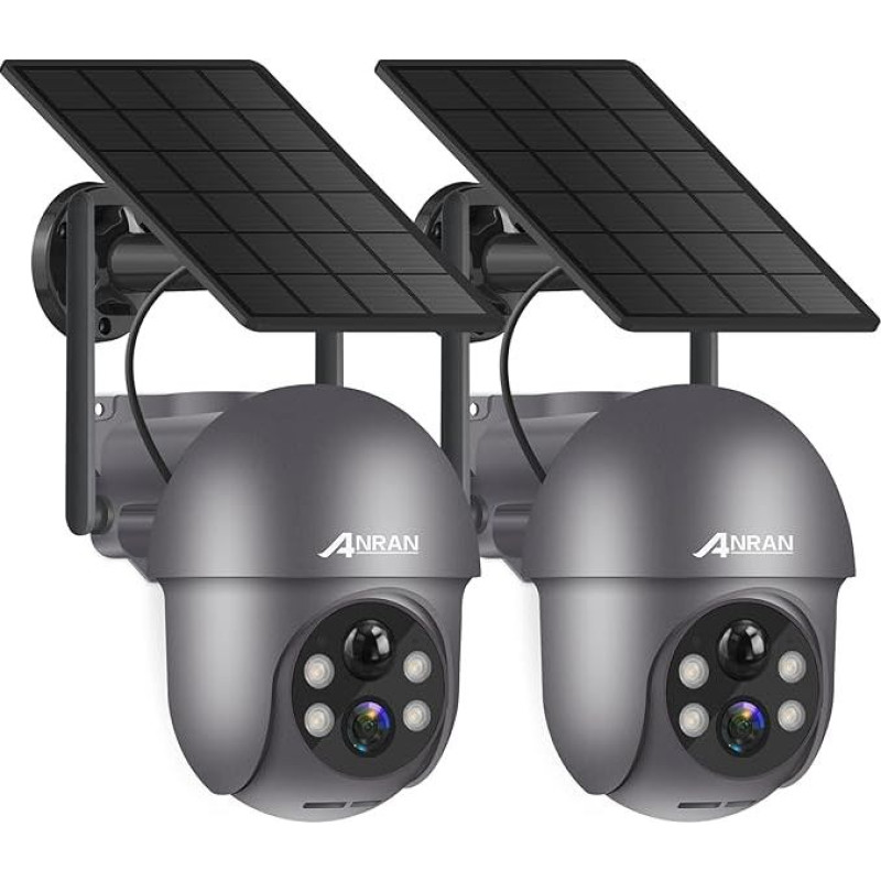 ANRAN 2K Solar Surveillance Camera Outdoor Wi-Fi, 360° PTZ Swivelling Outdoor Camera Battery, Colour Night Vision, 2-Way Audio, PIR Motion Detection with Siren Alarm, IP66 Waterproof, Alexa Compatible 2 Pieces