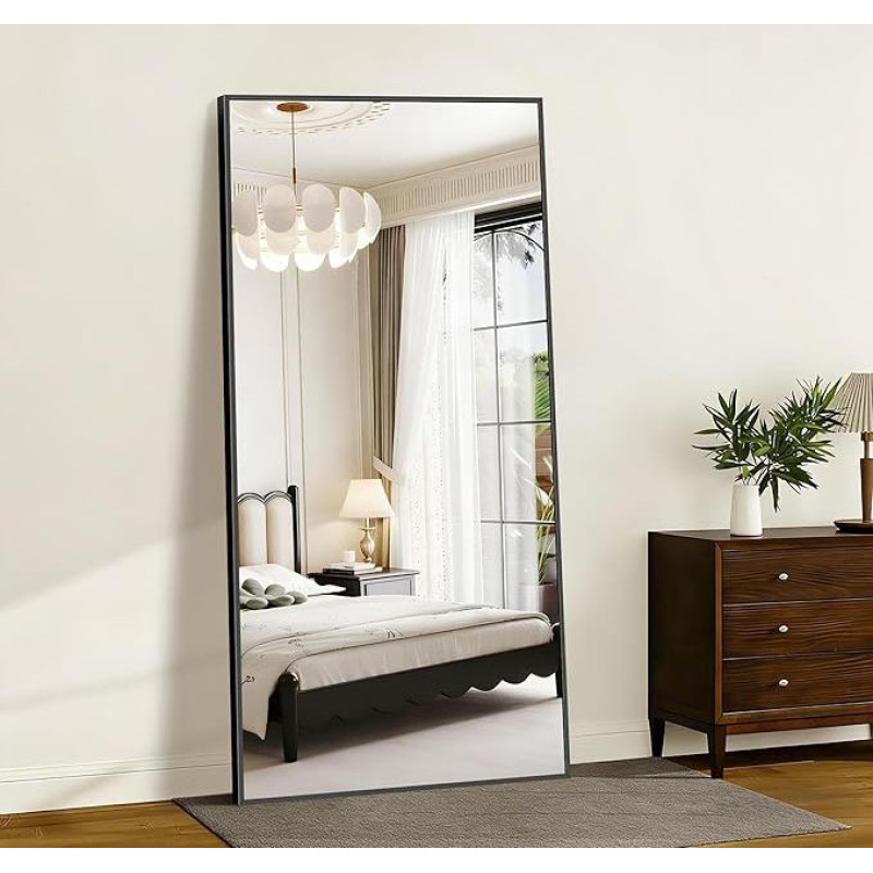 KOCUUY stačiakampis veidrodis per visą ilgį, 180 x 86 cm didelis pastatomas veidrodis, didelis sieninis veidrodis su juodu aliuminio rėmu, kabantis, pastatomas, pakreipiamas, skirtas svetainei, miegamajam ir prieškambariams