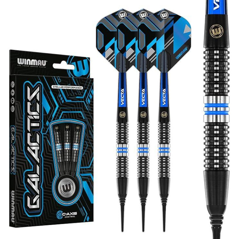 WINMAU Darts Galactics Series 90% Professional Tungsten Dart Set with Dart Flights and Dart Shafts - Available Weights: 18g Soft Tip, 24g and 26g Steel Tip