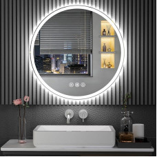 60 cm apvalus LED vonios kambario veidrodis su apšvietimu, pritemdomas ir 3 spalvų - priekinis ir foninis apšvietimas, 4 mm storio apsauginis stiklas, apsaugotas nuo rūko, sieninis veidrodis su apšvietimu, skirtas dušui ir praustuvui
