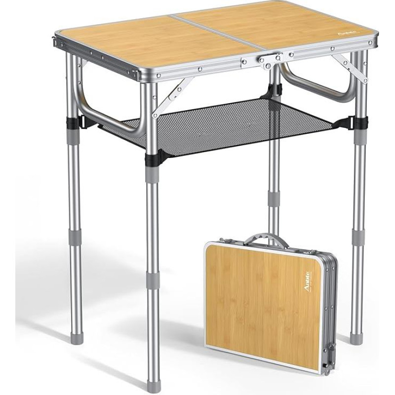 Anbte Camping Table 58 x 40 cm Aluminium Picnic Table 3 Heights Adjustable Folding Table Lightweight with Storage Net MDF Wooden Table Top Portable Handle for Camping Beach Balcony (Silver Frame)