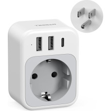 TESSAN JAV adapterio kištukinis lizdas, 4 in 1 kelioninis adapteris Tailandas su 1 USB C ir 2 USB A, kištukinis adapteris Kelioninis kištukinis maitinimo adapteris Amerikai, Kanadai, Tailandui, Meksikai, B tipo adapteris