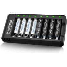 POWEROWL baterijų įkroviklis AA AAA baterijoms, įskaitant 4 x AA 2800 mAh + 4 x AAA 1000 mAh baterijas, 8 vnt. su įkrovikliu