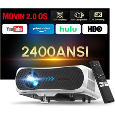 Išmanusis 4K šviesos diodų projektorius 2400 ANSI HDR 10 su WiFi6 Bluetooth5.4 HDMI eARC/CEC, ToF-Autofokus 40W Lautsprecher DB-Audio, skirtas filmams, filmavimo aikštelėms, žaidimams, svetainėms ir fitnesui