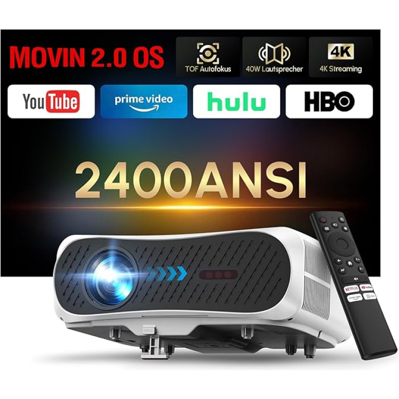 Išmanusis 4K šviesos diodų projektorius 2400 ANSI HDR 10 su WiFi6 Bluetooth5.4 HDMI eARC/CEC, ToF-Autofokus 40W Lautsprecher DB-Audio, skirtas filmams, filmavimo aikštelėms, žaidimams, svetainėms ir fitnesui