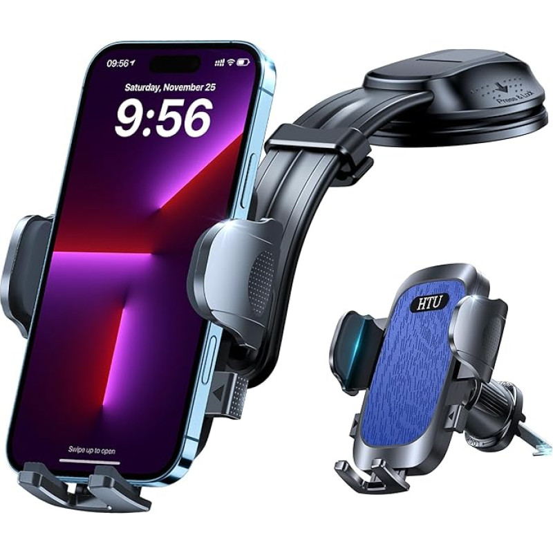 HTU 【2026 Naujausias siurbimo taurės ir ventiliacijos lankstus rankos mobiliojo telefono laikiklis automobilyje【Tikras karinės klasės】360° pasukamas automobilio laikiklis ant prietaisų skydelio diskas iPhone 17 Pro Max Samsung S25, Diva Blue