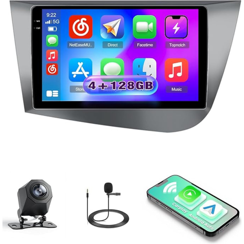 Roinvou 4+128G Android 15 Autoradio für Seat Leon MK2 2005-2012 mit Carplay Android Auto, 9 Zoll Auto Radio Incell Touchscreen mit GPS Bluetooth EQ WiFi RDS FM SWC MIC Rückfahrkamera