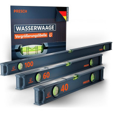 Presch Spirit Level Set of 3 Magnetic 40 cm, 60 cm & 100 cm Break-proof Wide Angle Level with 2% Gradient Display Vertical View Function Thanks to Viewing Window Innovative Non-Slip Stop End Caps