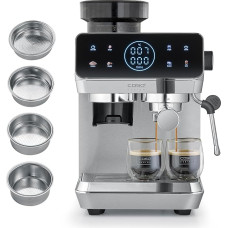 Caso EspressoGourmet & Grind Stainless Steel Portafilter Machine with Grinder, 20 Bar Ulka Pump, Touch Display, Thermal Block, Pre-Brewing Function, Steam Plant, 1.8 L Water Tank, Accessories